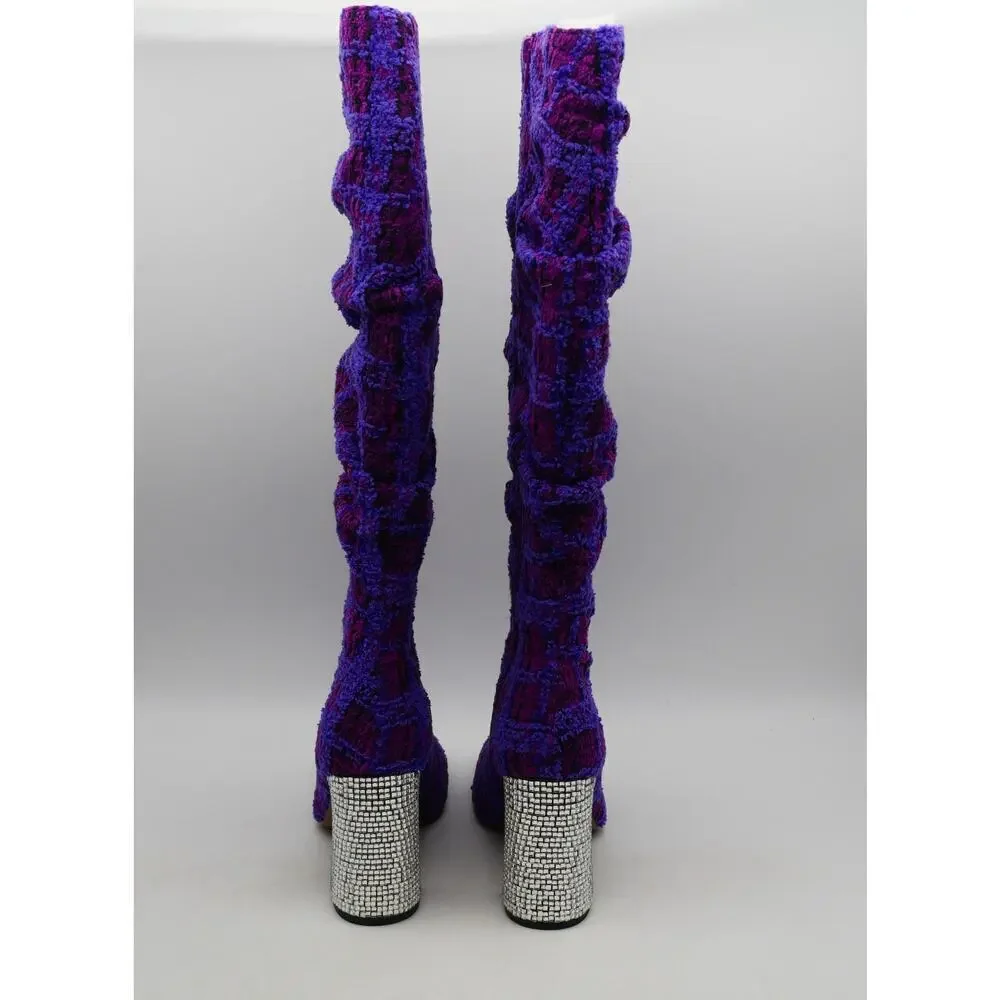 NEW Betsey Johnson Women's 6 Declaan Tall Boots Purple Tweed Rhinestone Heels